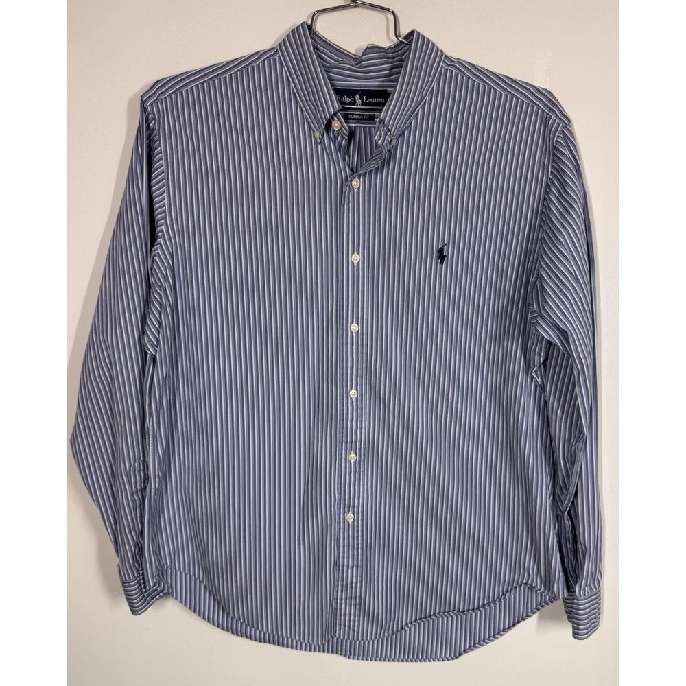 Vtg Polo Ralph Lauren Blue Stripe Long Sleeve Button Down Shirt Men's XL Preppyโ